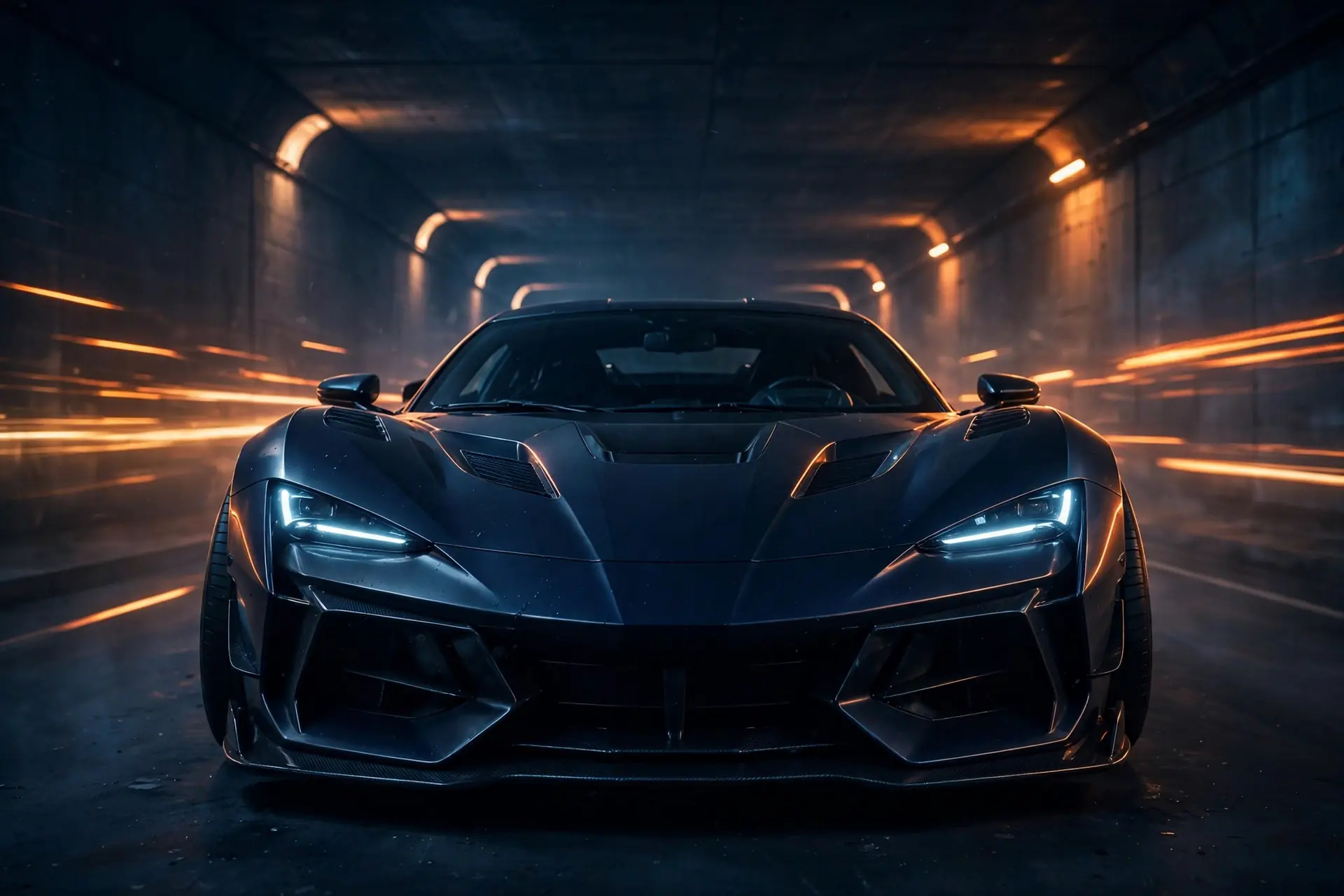Sports car in tunnel with orange lights