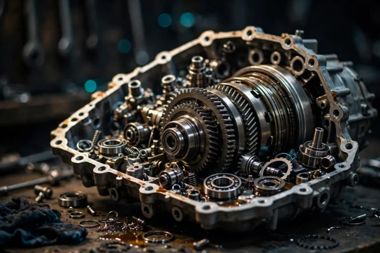 Automatic transmission gearbox on workbench during repair in Dubai