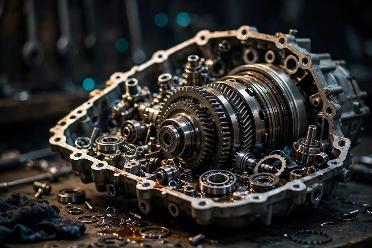 Automatic transmission gearbox on workbench during repair in Dubai