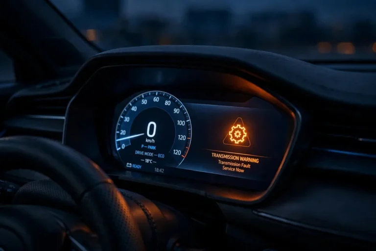 Transmission warning light on a car dashboard - gearbox fault repair in Dubai